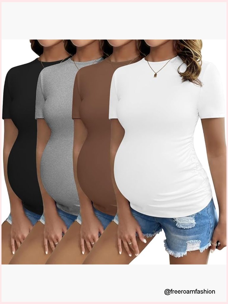 Maternity T-Shirts 4-Pack Soft Stretch Short Sleeve Crew Neck Tops